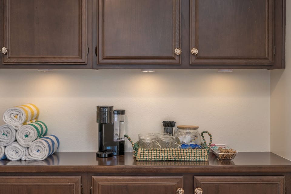 Upstairs private coffee bar for guests to conveniently grab a cup.
