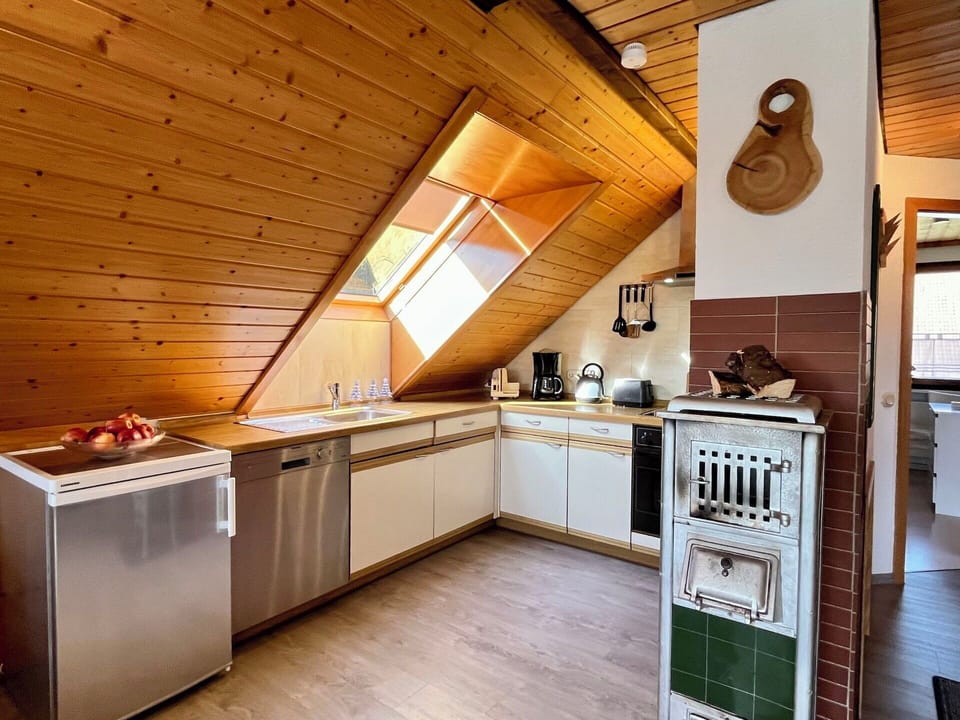 Kitchen, Wood, Furniture, Flooring, Ceiling, Interior Design, Countertop, Major Appliance, Floor, Wood Stain