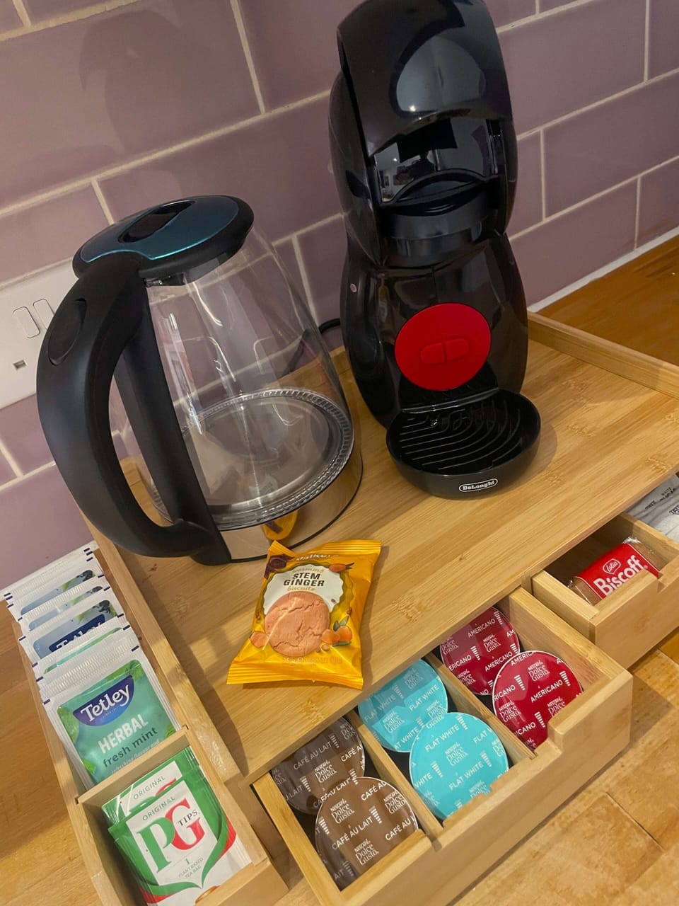 Coffee Machine and Kettle with your favourite breakfast and Herbal Teas available 