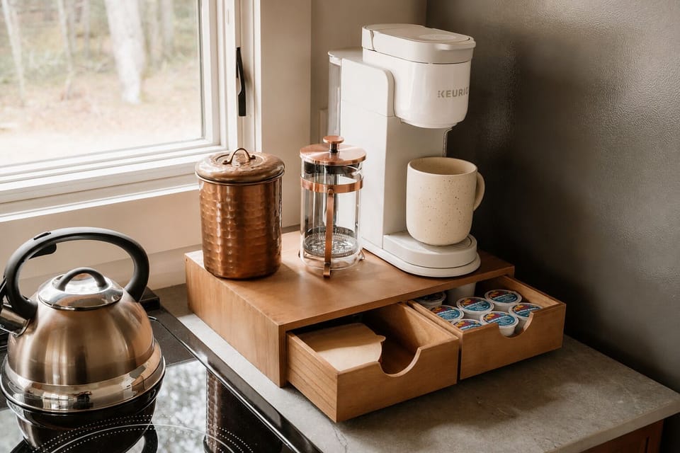 Brew a cup with the Keurig or press your own coffee in the French press, whichever you're in the mood for. Pods are stocked in the drawer below, so you won't need to bring your own.