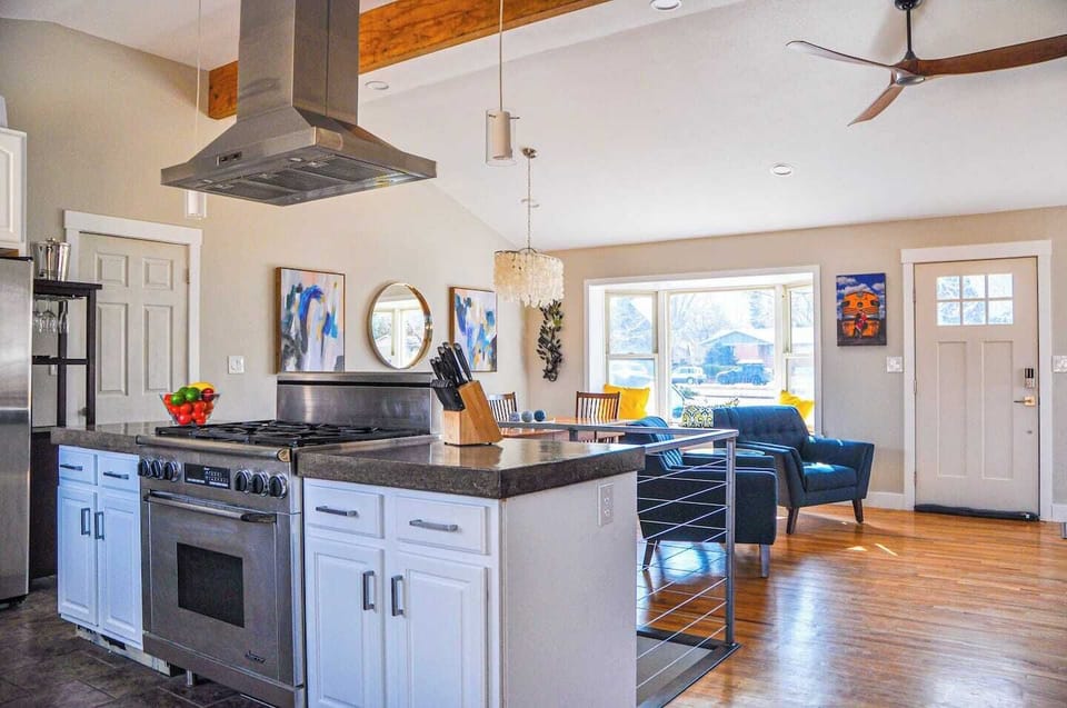 Kitchen island and living room