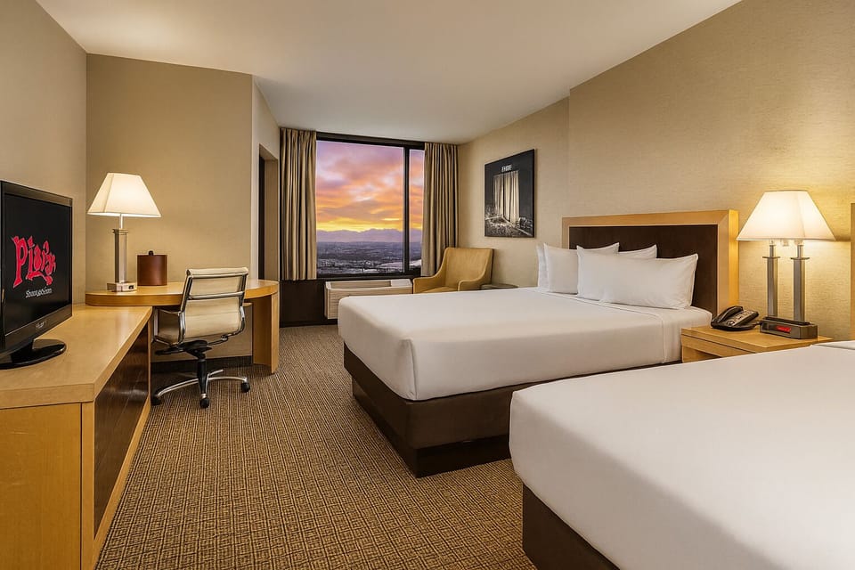 Stretch out with plush beds and a glowing sunset backdrop.