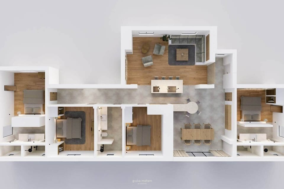 3 D Grundriss des Hauses nach der Renovierung. Fertigstellung April 2026. Zwei Schlafzimmer haben ein En-Suit Bad. Ein drittes Bad befindet sich zwischen Schlafzimmer 2 & 3.