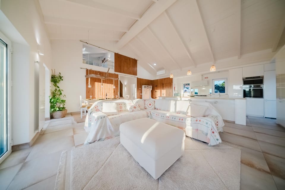 Bright open-plan living space with vaulted ceilings and integrated kitchen — Villa Verso Comporta, holiday villa in Alcácer do Sal