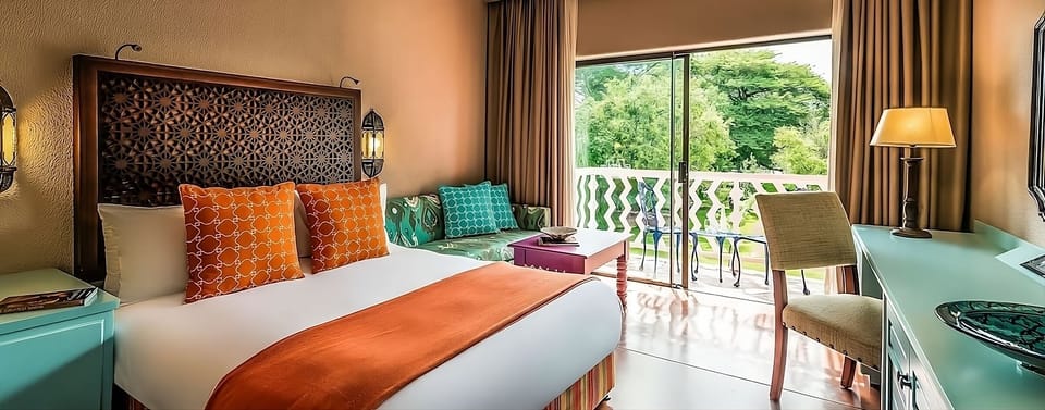 Unwind in a bright canopy bed beside lush balcony views.