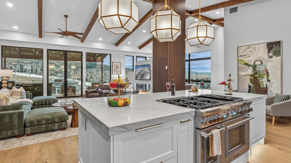 Kitchen, Upper Level - With mountain views.