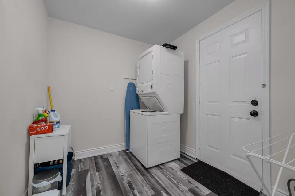 in-suite laundry, private door to shared backyard 