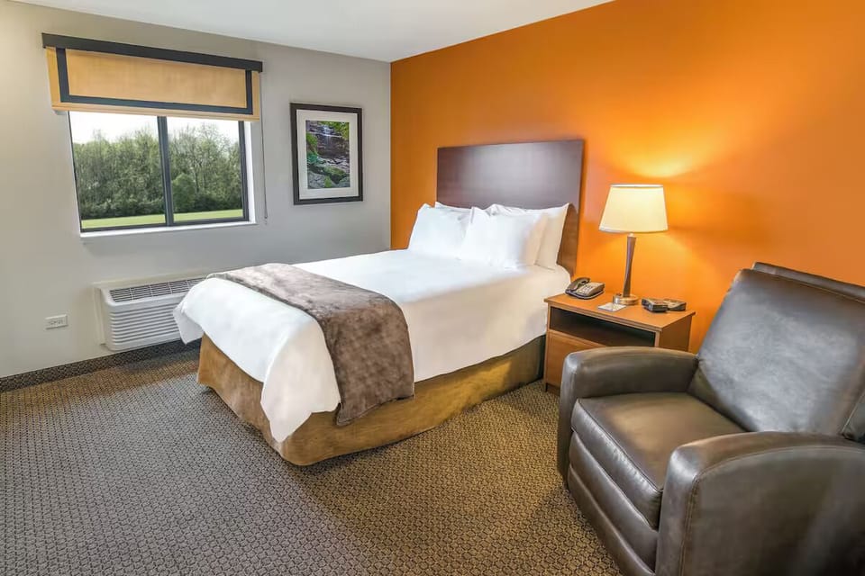 Unwind in a cozy room with calming views outside.