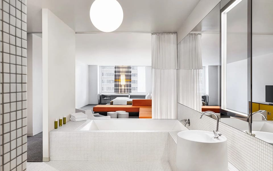 Soak in the deep tub, then towel off in comfort