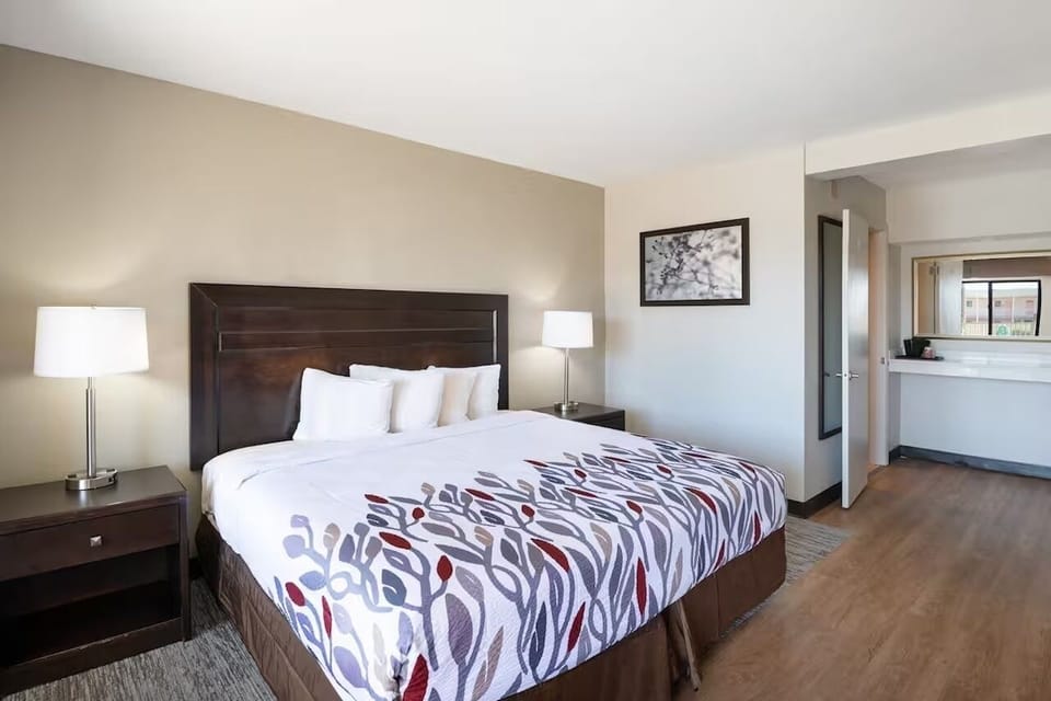 Stretch out in a spacious room with warm, calming tones.