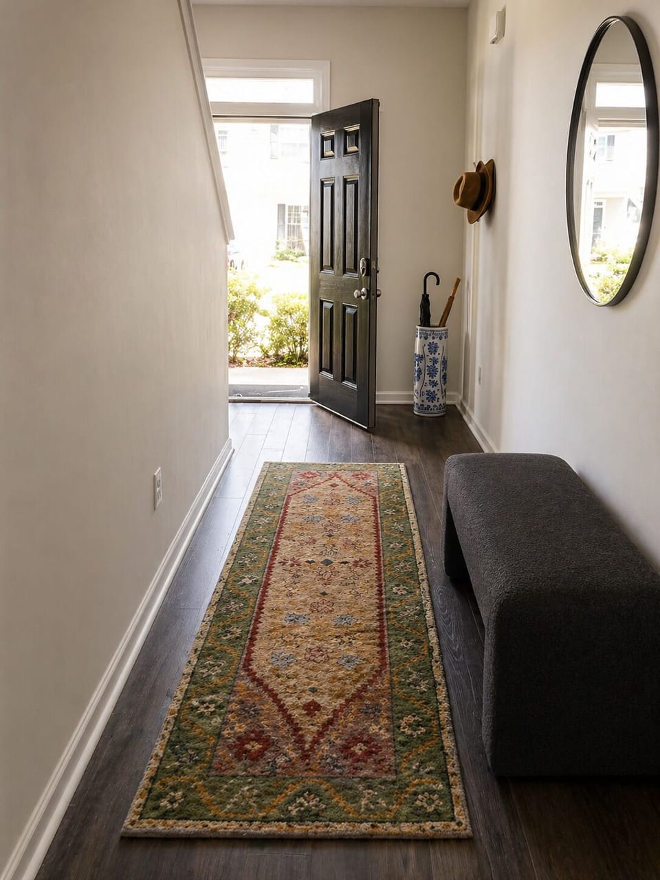 Welcoming entryway with seating and natural light.
