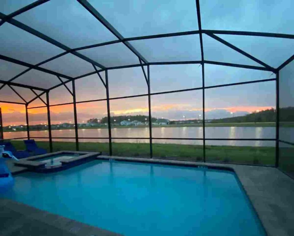 Dusk in the pool area overlooking the lake