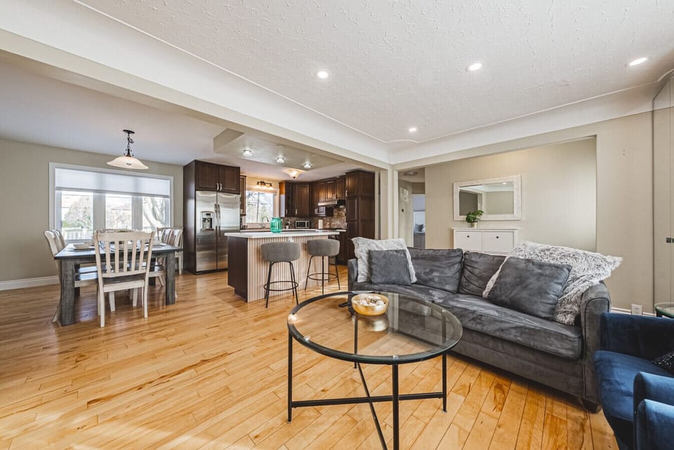 Living room, kitchen and dining area