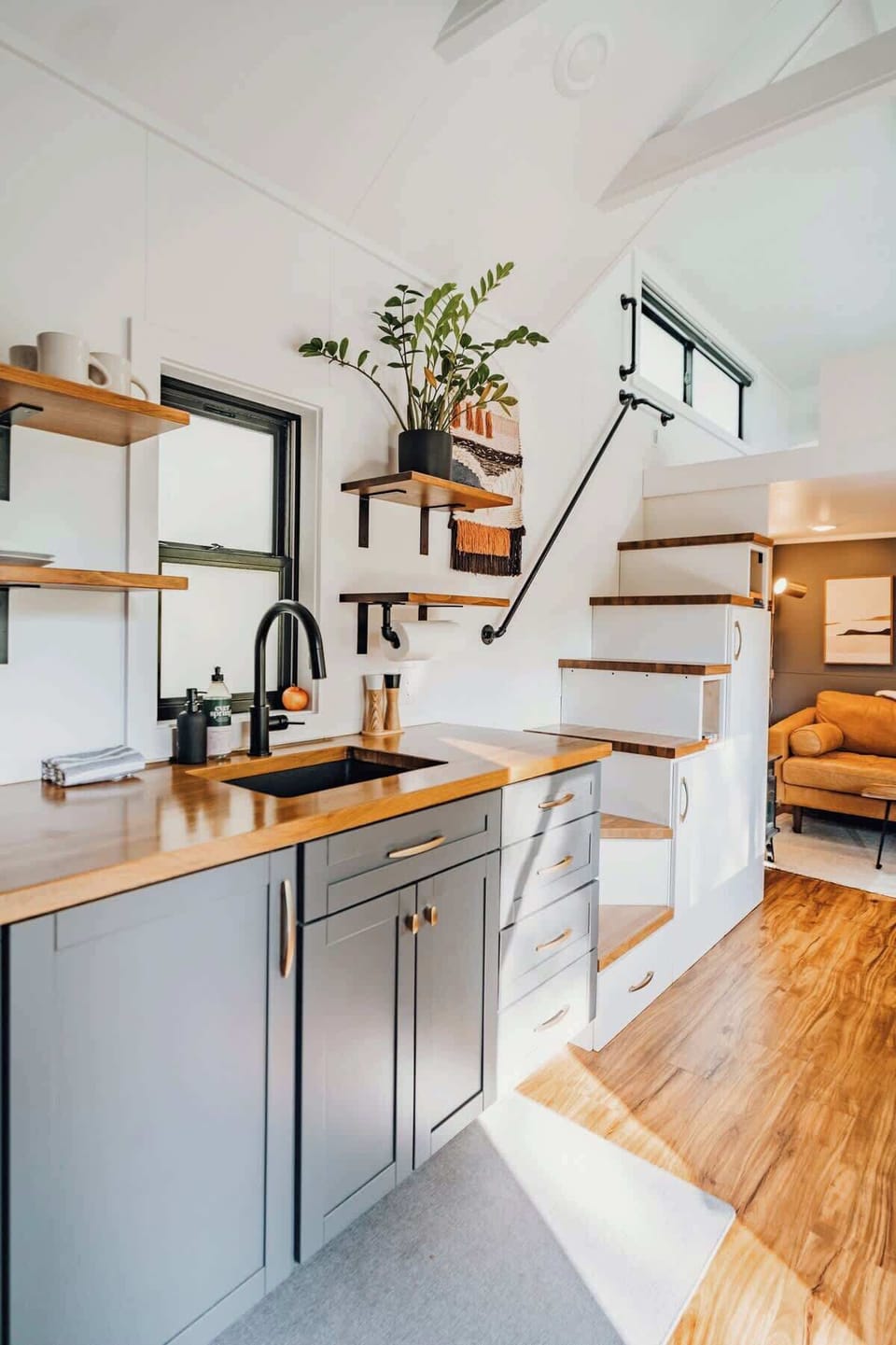 The stairway leading to the bedroom loft. 