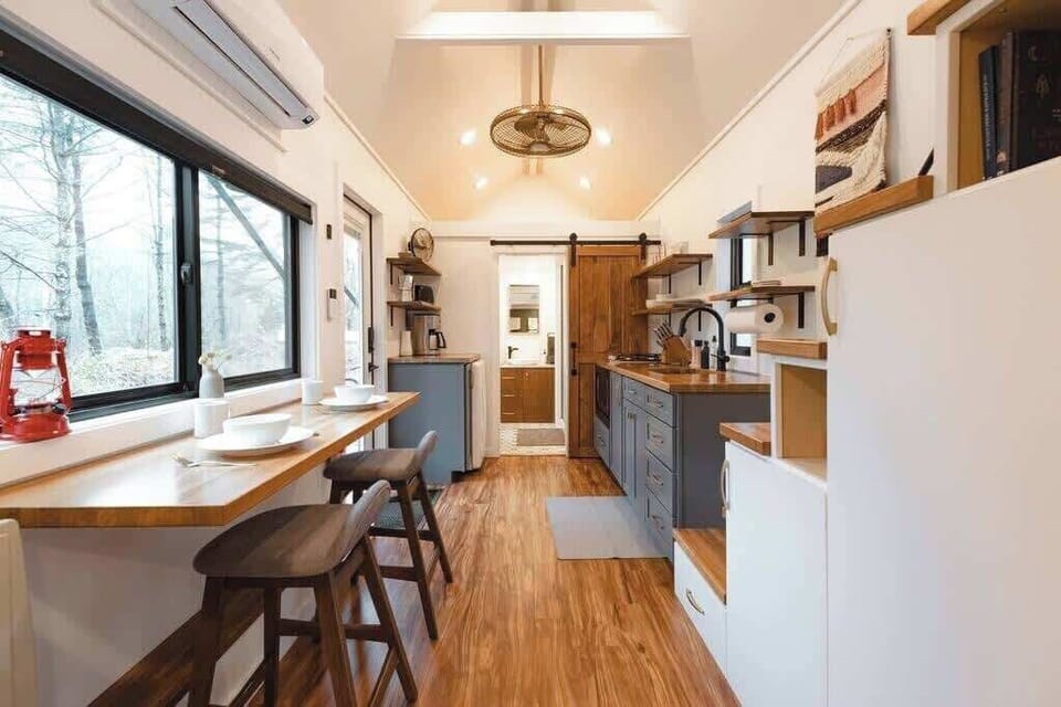 Our large dining table easily seats two - or can be used as a work desk when it's not meal time.