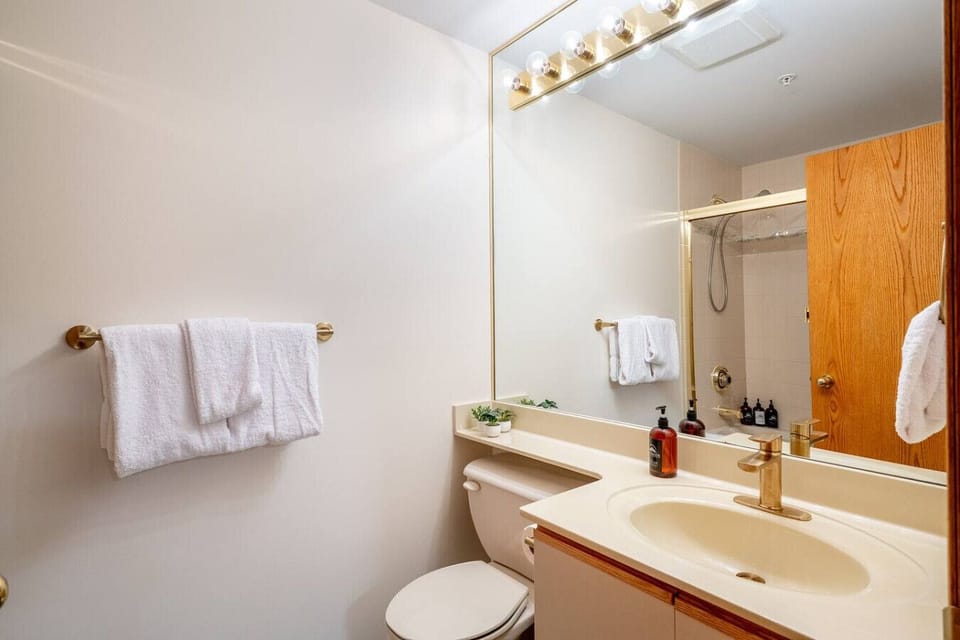 Emmaculate bathroom designed for convenience, complete with plush towels, upgraded fixtures, and essential guest amenities. Shampoo, Conditioner and body wash provided. This is a FULL bathroom (Bath/shower combo) off of the 2 twin bed bedroom