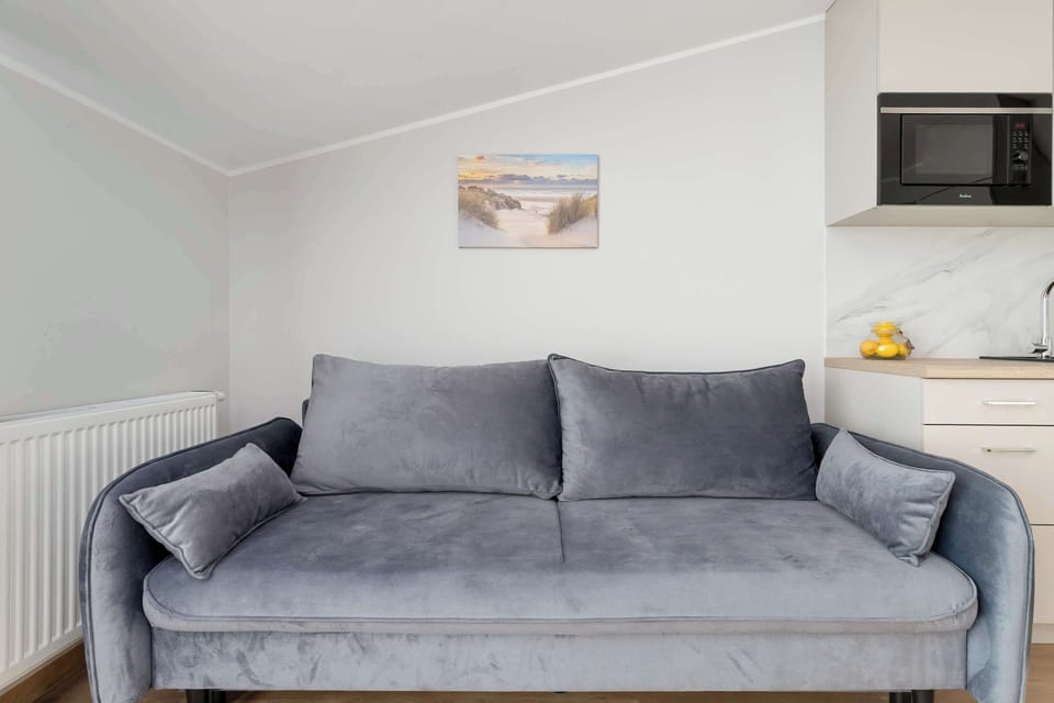 Spacious living room with a gray sofa and decorative accents.
