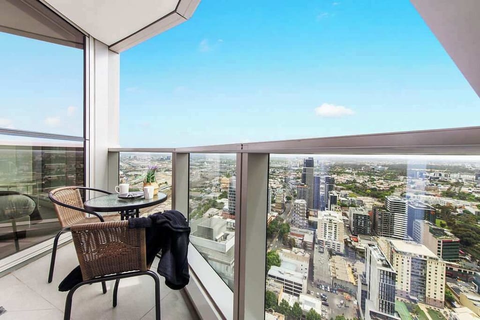 Enjoy city views from the balcony.