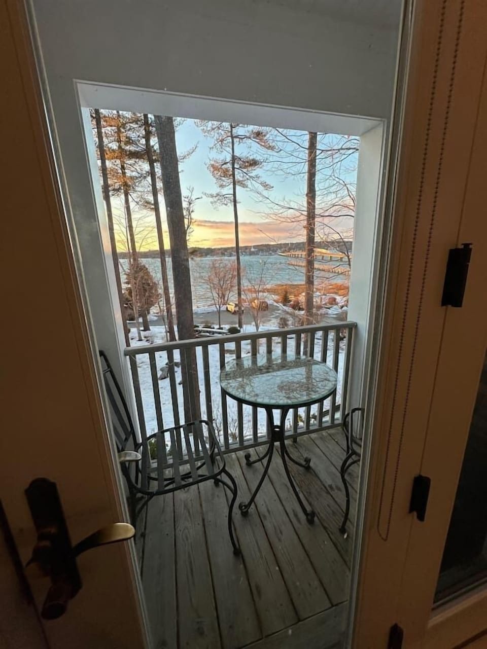 Cute balcony with seating for 2 overlooking the Sheepscot River