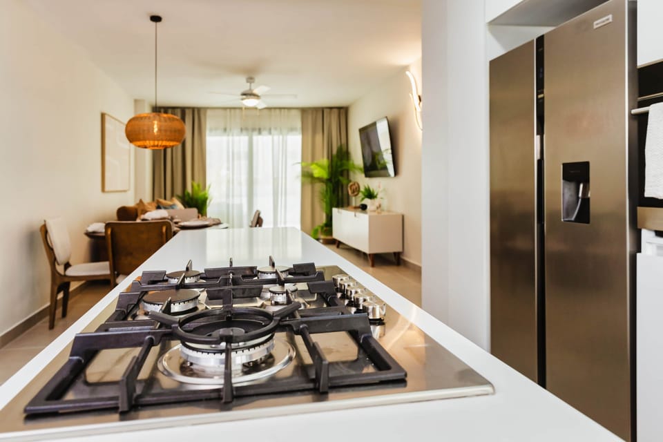 Modern Kitchen Island with Gas Cooktop Overlooking Bright Living Area