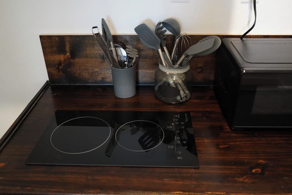 Kitchen utensils. Two burner cooktop.