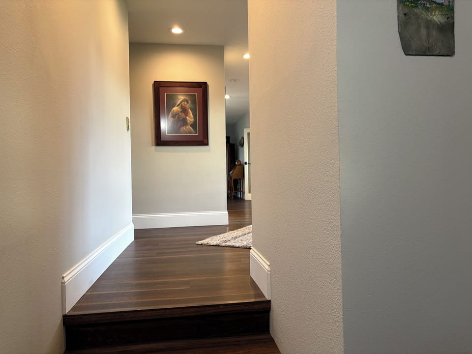 Quiet hallway that feels comfortable and lived-in.