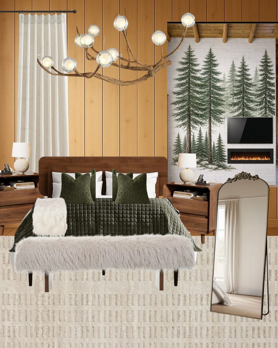 Mood board of what’s to come! Items shown reflect the exact design direction & furnishings selected for the room. The serene primary suite will feature a king bed, a cozy fireplace, a custom mural, a TV, & your own beautifully designed bathroom.