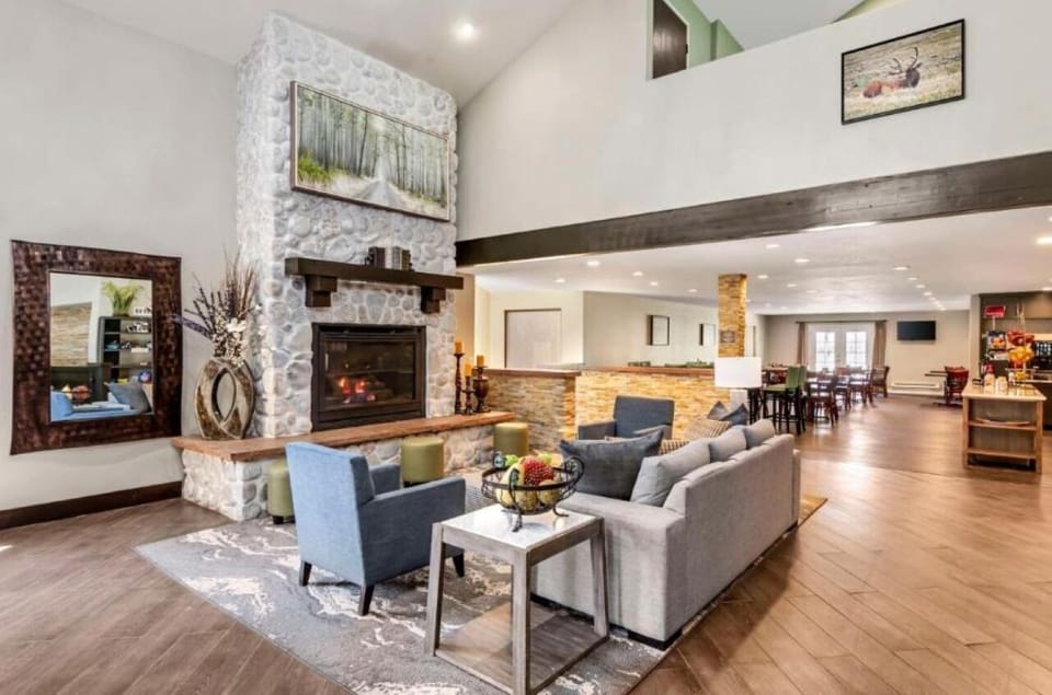 Warm up by the stone fireplace after a day out.
