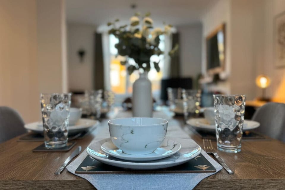 Dining table with glassware ready for use