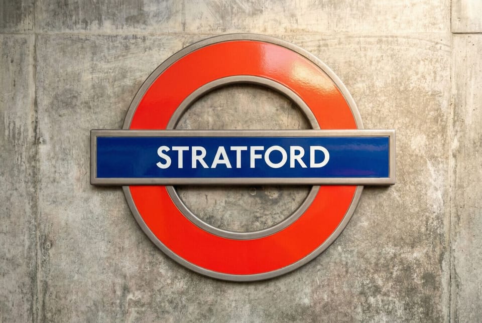 The TfL roundel sign for Stratford station, indicating the property`s proximity to Underground and rail connections.