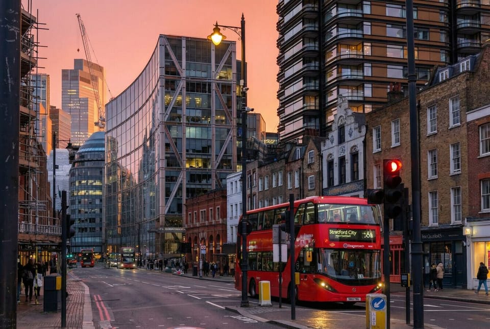 A red double-decker bus passes through a central London street at dusk, with the City skyline lit up in the background.