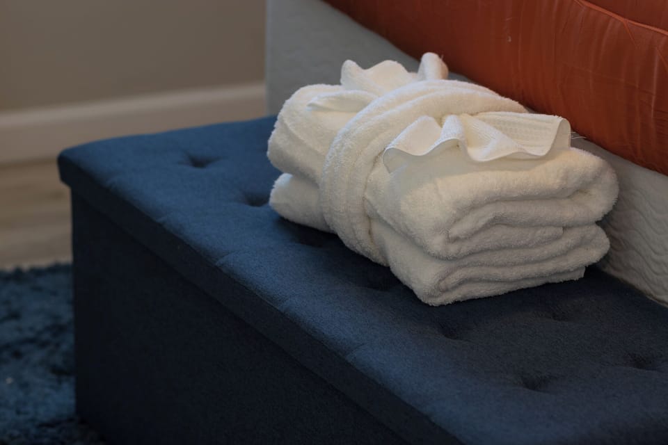 We provide towels for guest. white towels for inside and colored for outside use