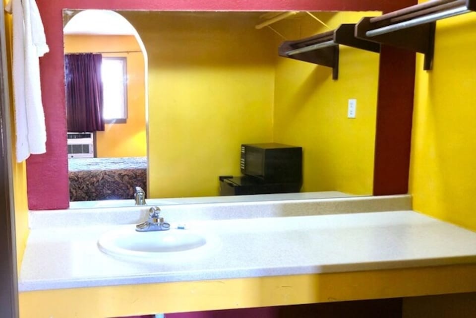 Start your day at a bright vanity with mirror space.