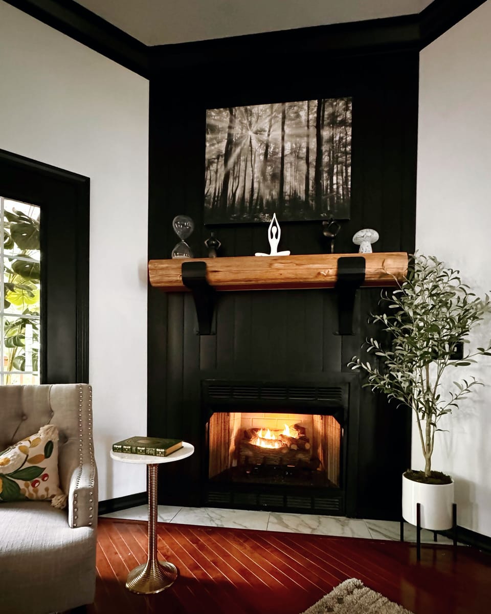 Gather around the warm fireplace with stylish decor and serene vibes!