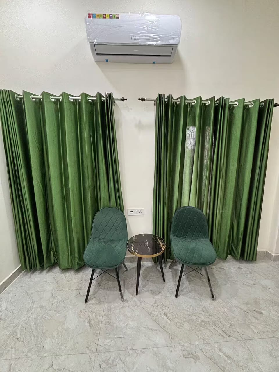 Stylish Delhi bedroom with luxury bed, jungle mural, AC & modern comfort
