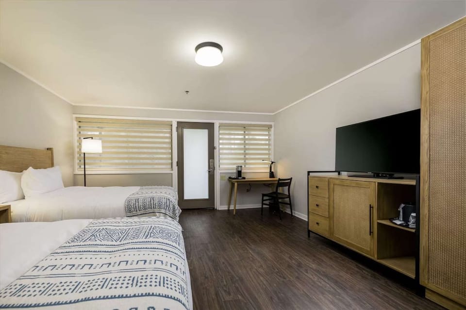 Queen bed room with TV, desk, and natural light