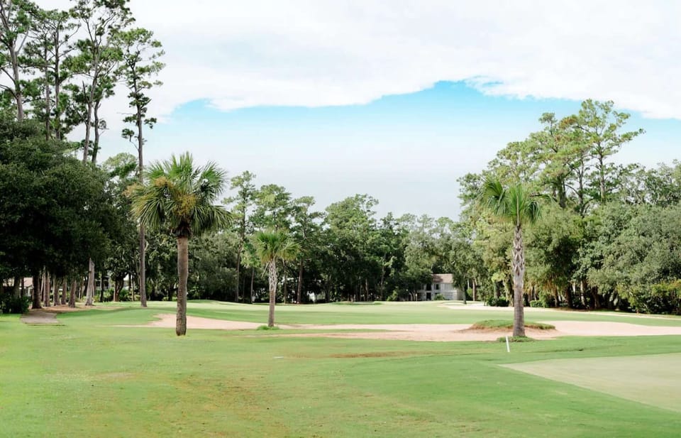 Palm trees and sand bunker by the green on a sunny golf course day