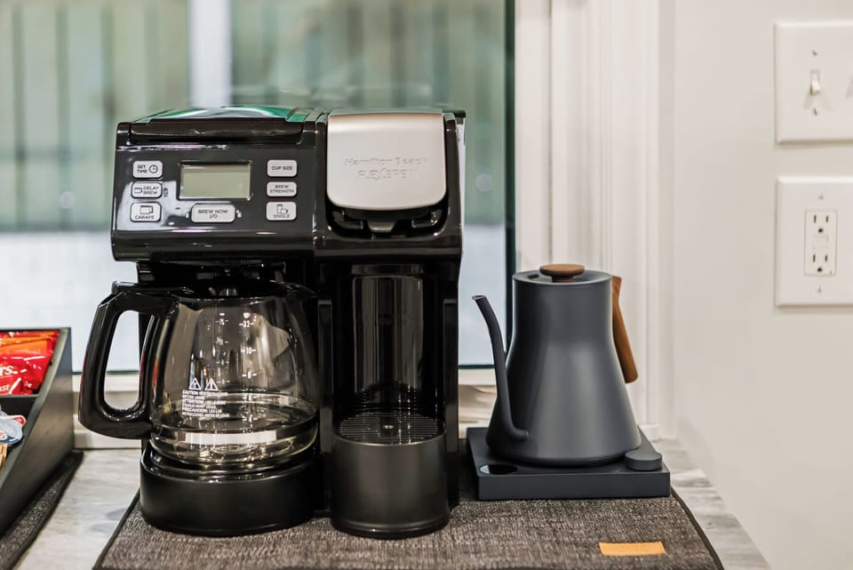 For coffee fans and tea lovers: drip, k-cups, and a Fellow Stagg EKG Pro.