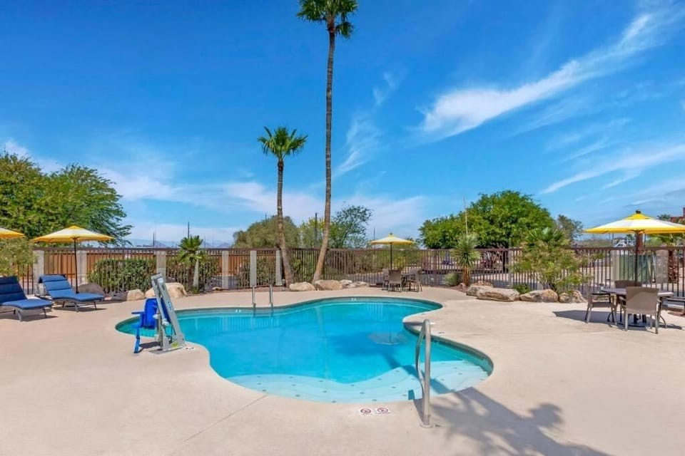 Dive into sunshine by the sparkling pool and palms.