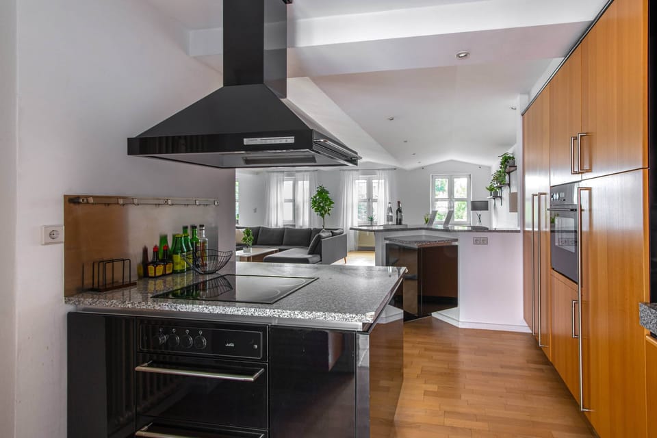 Cooking area with island for communal food preparation