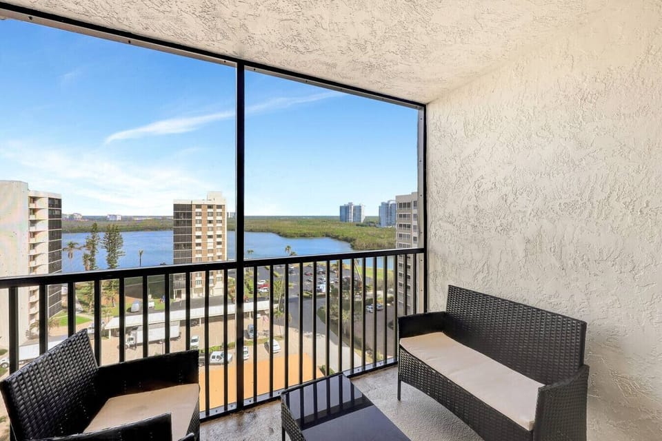 The balcony hosts a lovely view of the water and canals.