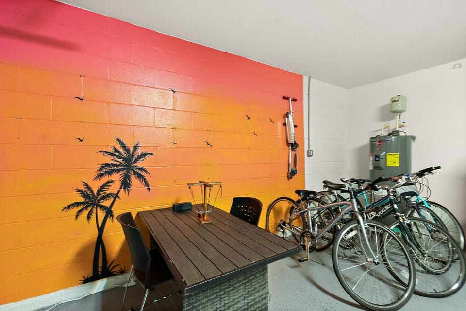 Garage recreation space with bikes and games for all ages
