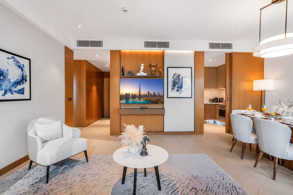 Modern living room with elegant decor and plush seating for Dubai evenings.
