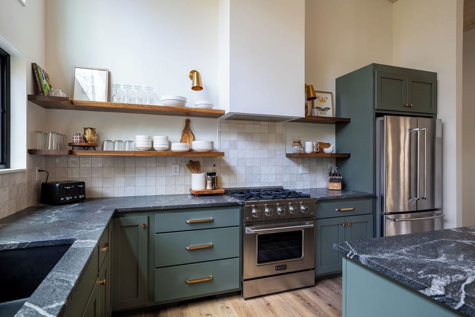 Well stocked kitchen for dining in. 