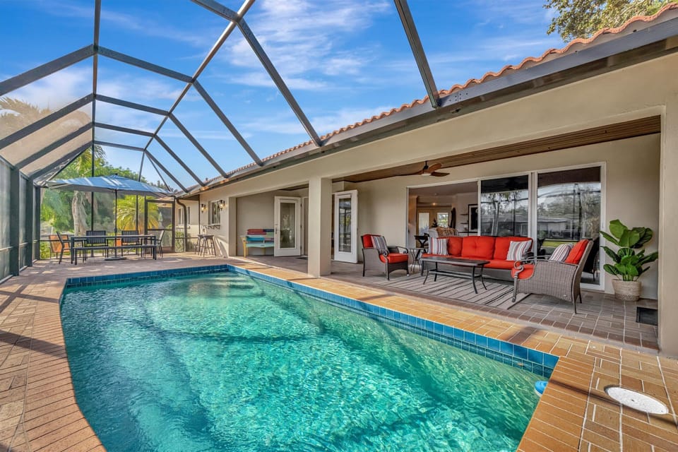 Private Screened Pool for bug-free fun! Outdoor Lounge Seating.