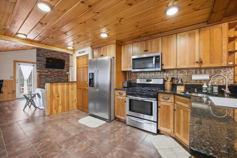 Stainless steel appliances and plenty of counter space.