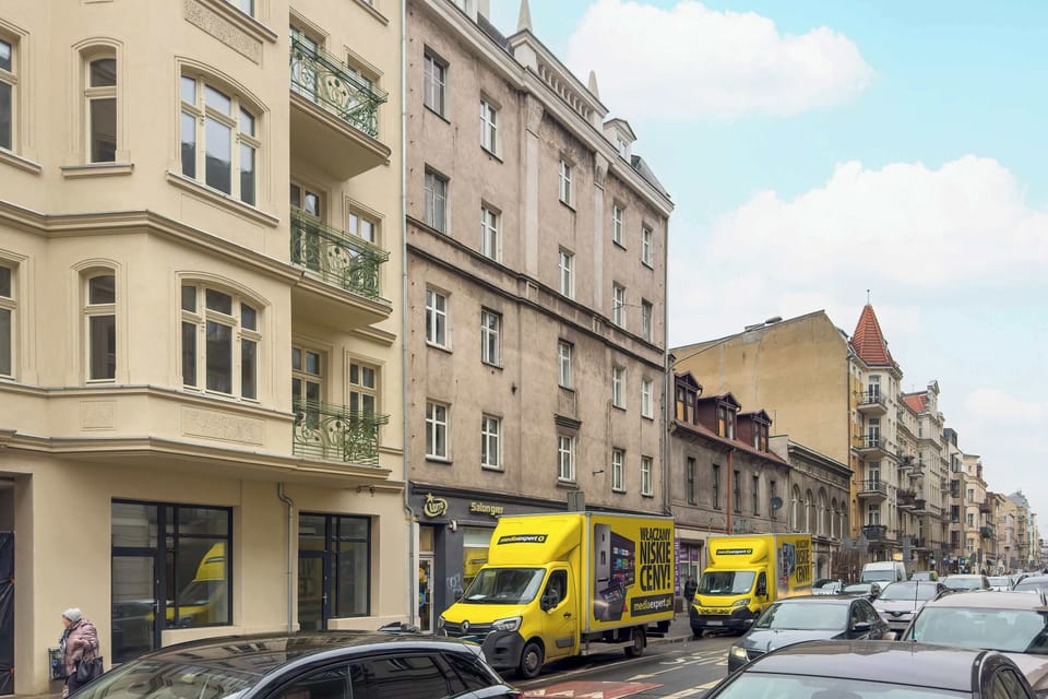 Stylish urban street view with charming architecture and buildings.