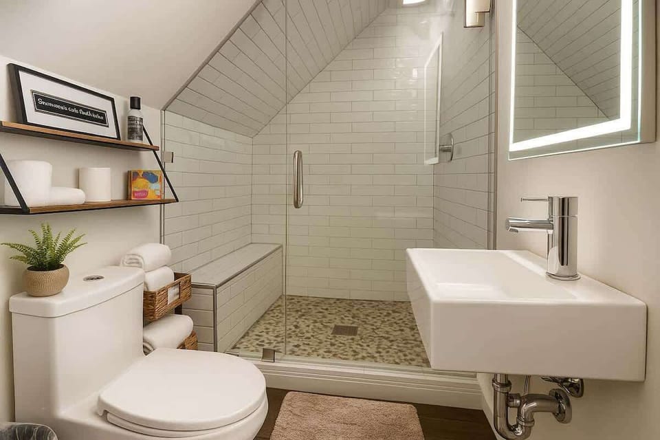 Modern spa-style bathroom — sleek glass shower, warm lighting, and calming design.