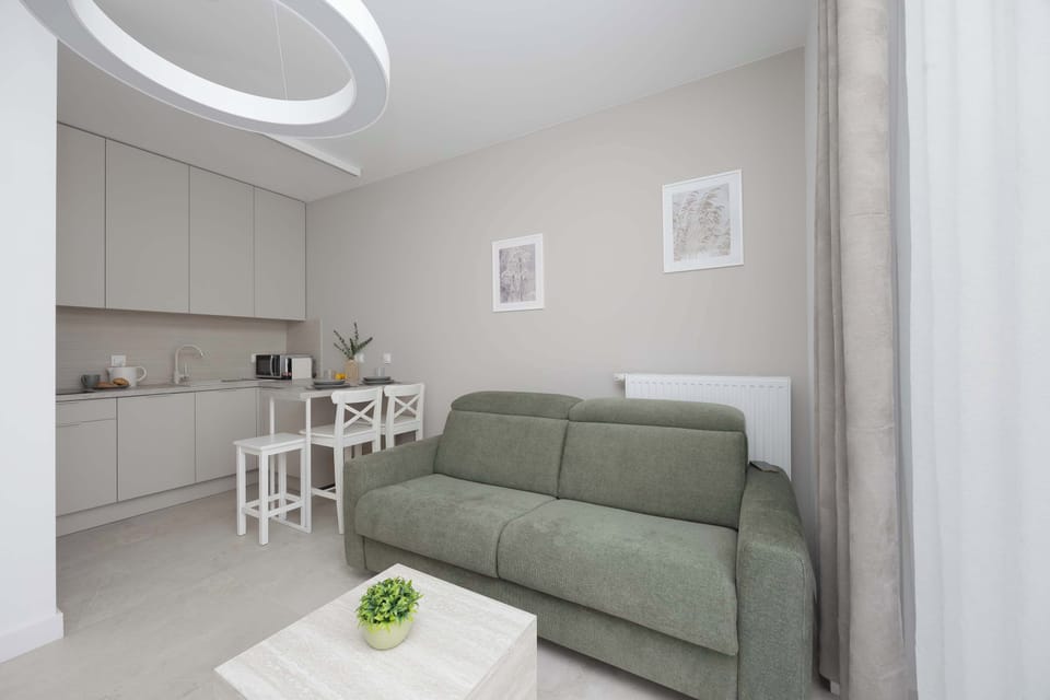 Another angle of the living room highlighting the sofa and bright flooring. Minimal wall décor keeps the space uncluttered. The room feels airy and calm.