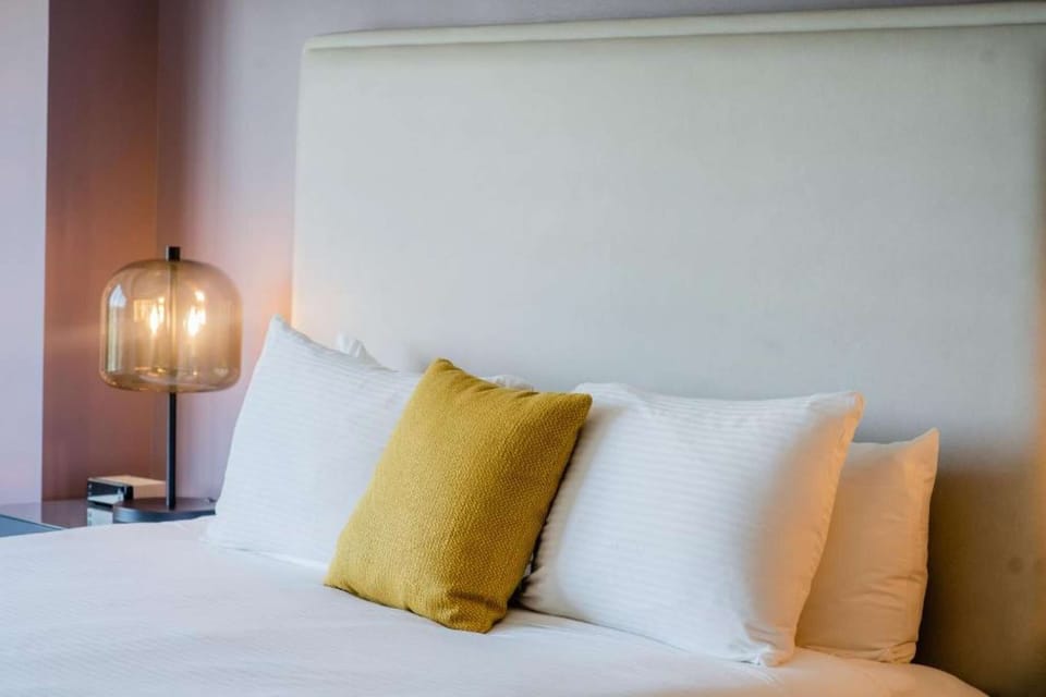 Bed with a pillow-top mattress sits beside a lamp.